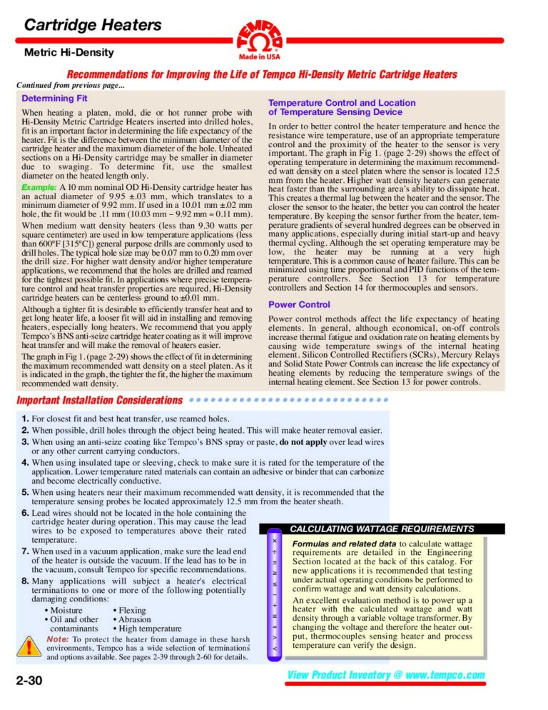 Hi-Density Cartridge Heater Metric Installation Recommendations