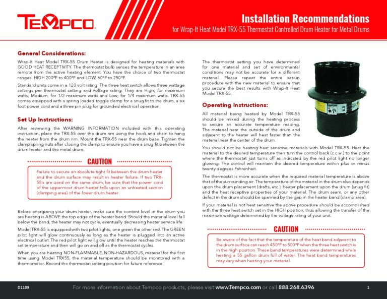 Model TRX-55 Metal Drum Heater Installation Recommendations