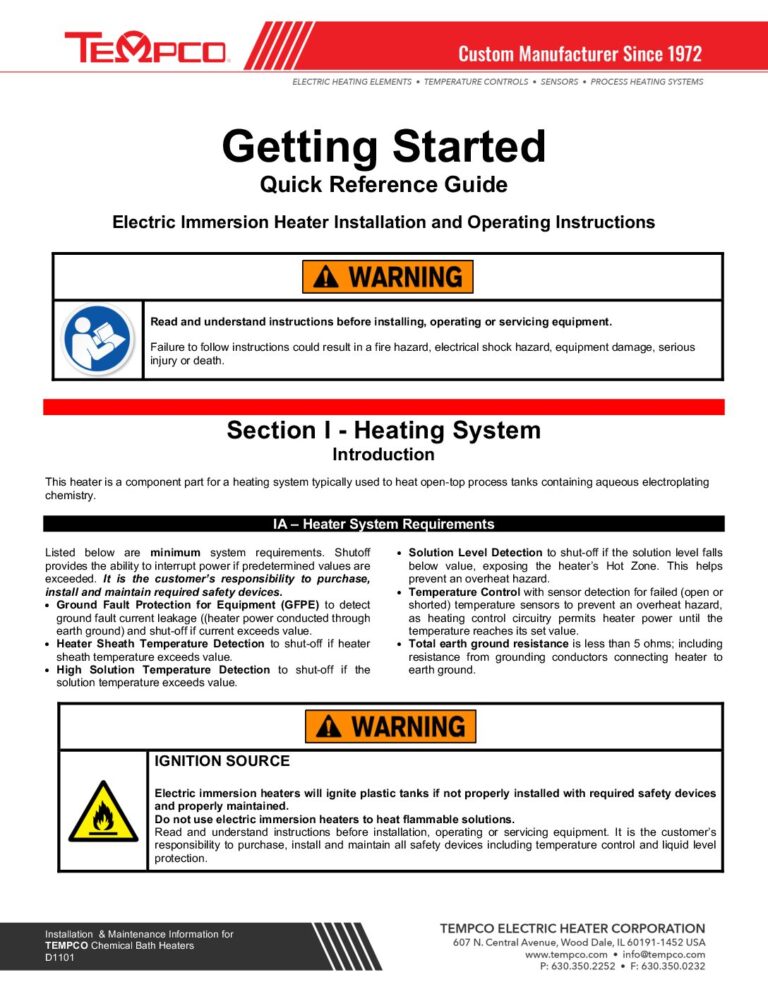 Chemical Bath Electric Immersion Heater Quick Reference Guide/User Manual